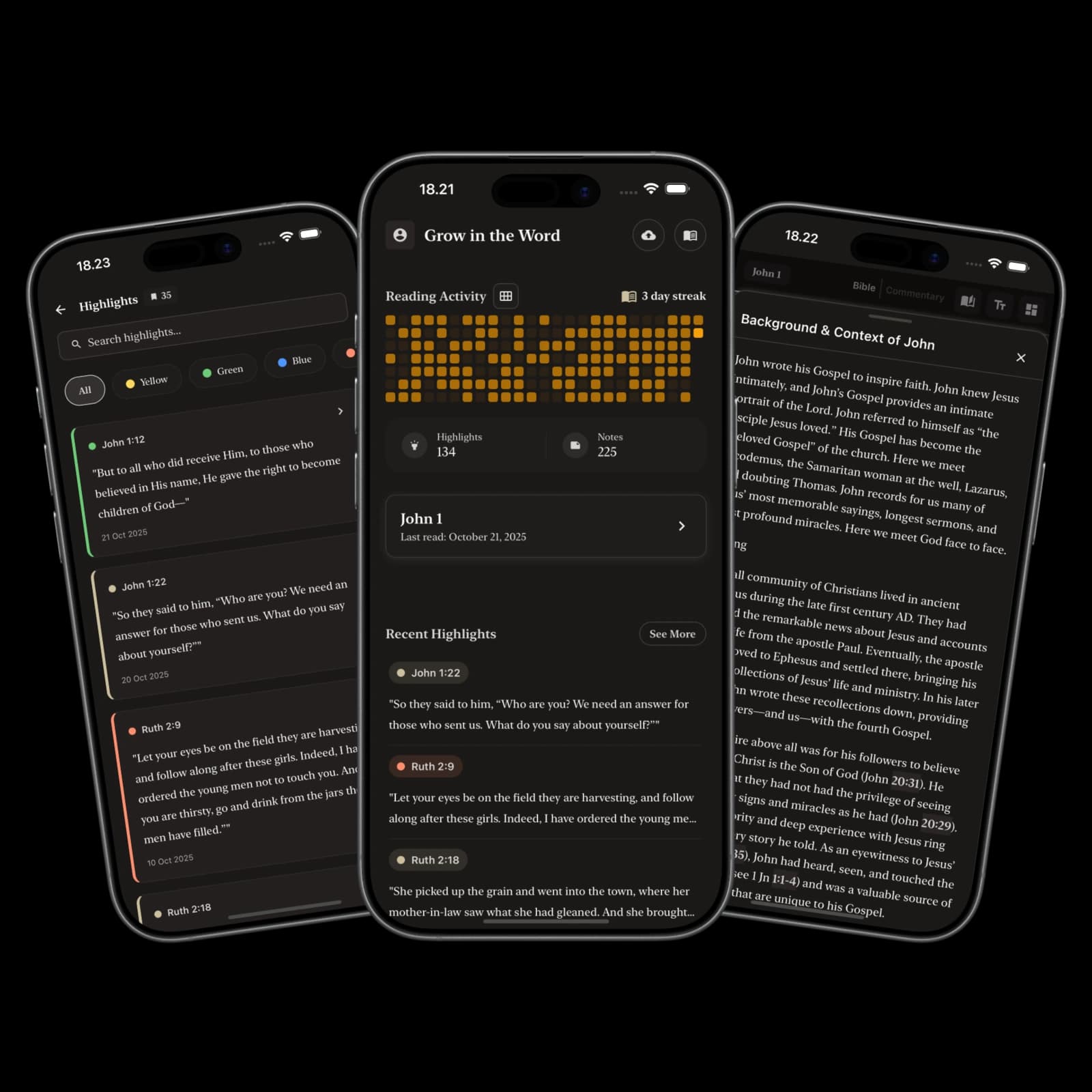 Protos Bible Study App - Three screens showing highlights, reading activity, and commentary features